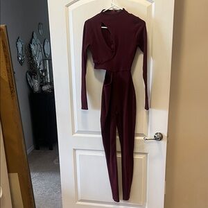 Naked Wardrobe Cutout Long-Sleeve Burgundy Jumpsuit